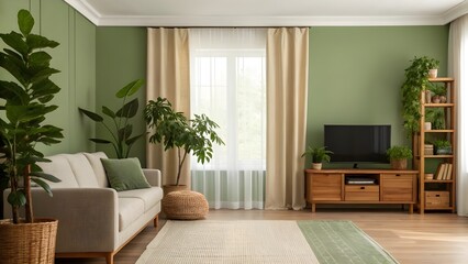 Inviting Moss Green Living Room With Natural Wood Accents, Flowing Linen Curtains, Lush Leafy Plants, Cozy Modern Seating, And Tranquil Earthy Tones For Relaxed Contemporary Style
