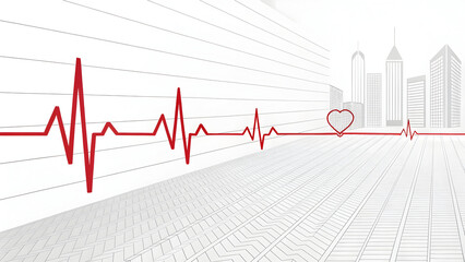 Red heartbeat pulse tracing across a modern city skyline background symbolizing urban health and medical monitoring.