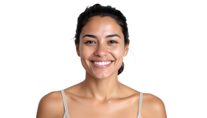Portrait of authentic happy woman without makeup, standing against transparent background.