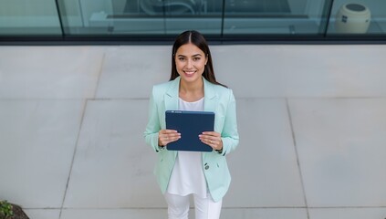Woman Holding Tablet with Serious Expression in Urban Architecture