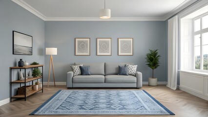 Serene Smoky Blue Living Room With Scandinavian Accents, Layered Textured Rugs, Sleek Minimalist Art, Cozy Modern Furniture, And Inviting Soft Lighting For Stylish Home Decor