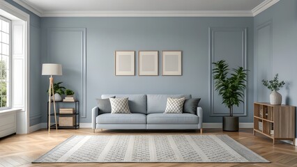 Serene Smoky Blue Living Room With Scandinavian Accents, Layered Textured Rugs, Sleek Minimalist Art, Cozy Modern Furniture, And Inviting Soft Lighting For Stylish Home Decor