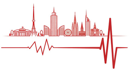 Red outline city skyline silhouette combined with a continuous electrocardiogram heartbeat pulse line, symbolizing urban vitality and life.