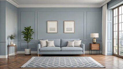 Serene Smoky Blue Living Room With Scandinavian Accents, Layered Textured Rugs, Sleek Minimalist Art, Cozy Modern Furniture, And Inviting Soft Lighting For Stylish Home Decor