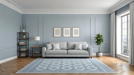 Serene Smoky Blue Living Room With Scandinavian Accents, Layered Textured Rugs, Sleek Minimalist Art, Cozy Modern Furniture, And Inviting Soft Lighting For Stylish Home Decor