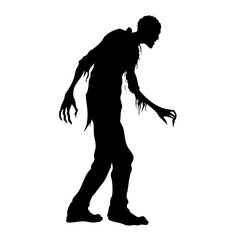 Fototapeta premium Black silhouette of walking zombie with outstretched arms and ragged clothes isolated on transparent background
