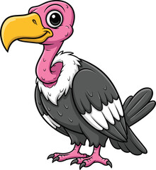 Cartoon vulture bird with pink bald head, yellow curved beak, black and white feathers, jungle scavenger illustration, wildlife animal character design