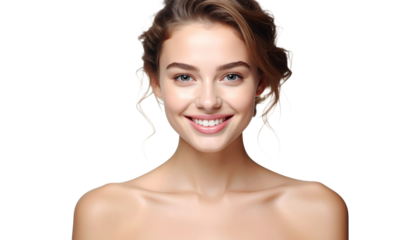Portrait of authentic happy woman without makeup, standing against transparent background.