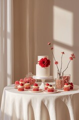 Dessert Table Cake Setup with White Cake Cupcakes and Pink Decorations