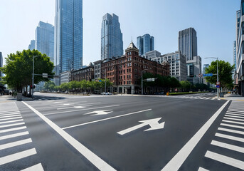 Fototapeta premium urban downtown street view with tall buildings and road markings