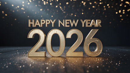 Sparkling gold Happy New Year 2026 on black background with shiny gold bokeh and glitter. Festive dark background