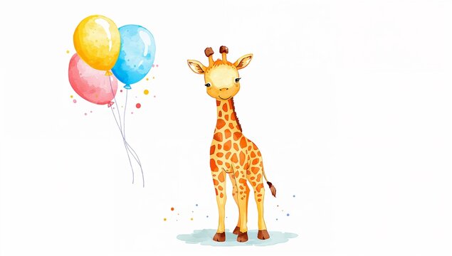 Giraffe cute baby animal art with pink blue yellow balloons in watercolor style