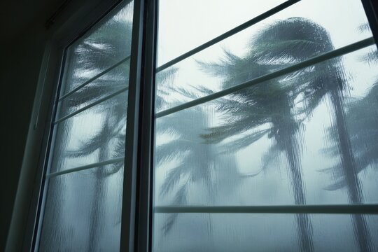 Professional Storm Preparedness View of Hurricane Winds Bending Palm Trees Outside Modern Home Windows Sealed for Safety and Structural Defense Marketing