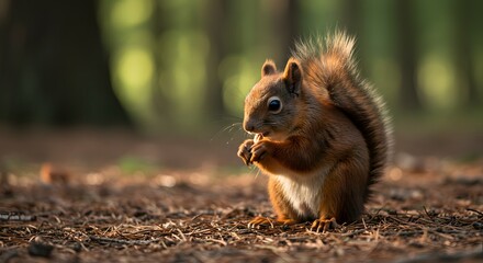 Red squirrel closeup on forest floor holding food warm light bushy tail pine needles woodland wildlife natural behavior no people animal nature scene
