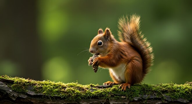Red squirrel closeup on mossy branch holding pine cone forest wildlife natural behavior bushy tail green background no people animal nature scene