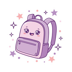 Cute cartoon backpack with kawaii face and stars vector illustration for school supplies isolated on white background
