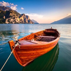 Wooden boat on a serene lake