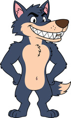 Cartoon wolf character standing upright, smiling forest animal mascot, vector illustration, playful wild creature, confident pose, cheerful design concept