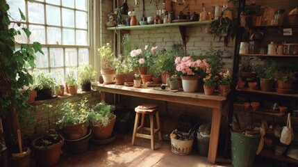 Fototapeta premium Image of various potted plants arranged on a table and shelves in the background.