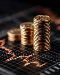 Golden Coins Stacked in Upward Trend on Financial Chart