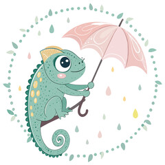Cute chameleon under umbrella in rain. in detailed view.