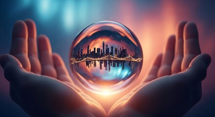 Symbolic water droplet with miniature city inside held in hands representing sustainability urban life emotions and fragile balance