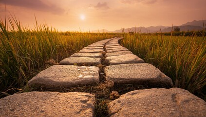 Fototapeta premium Stone pathway in golden grass field during sunset