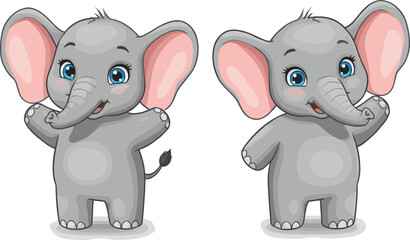 Cute cartoon baby elephants standing together, adorable animal illustration, happy wildlife character design, kawaii style drawing, sweet elephant vector art