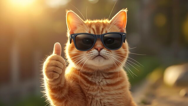 Funny orange tabby cat in oversized pink sunglasses giving thumbs up, playful meme style, confident pose, outdoor sunlight, photorealistic with cartoon charm, perfect for humor and social media