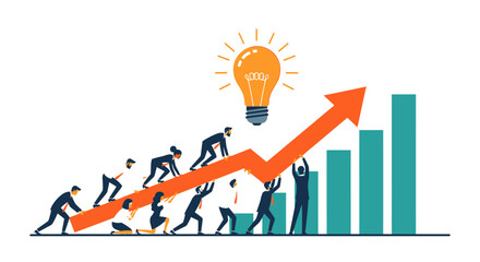 Business Team Pushing Growth Arrow Towards Success with Bright Idea