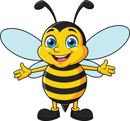 Cute cartoon bee character with smiling face and open arms, funny insect mascot illustration, happy design for kids, isolated background