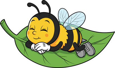 Cute cartoon bee sleeping peacefully on green leaf, adorable insect character, nature design, relaxing honeybee mascot, resting bumblebee illustration artwork