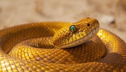 Obraz premium Golden snake animal macro closeup coiled reptile with detailed texture and shimmering scales