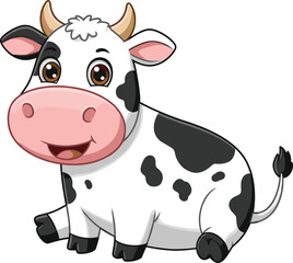 Cute cartoon cow illustration, funny farm animal character, happy dairy cattle drawing, adorable livestock mascot, black and white calf artwork