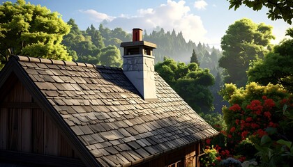Wooden chalet roof in lush valley