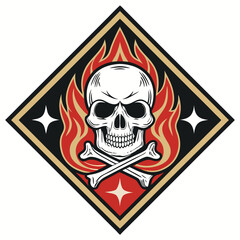 A skull and crossbones emblem with flames and stars.