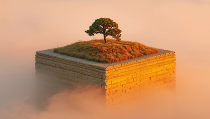 Floating earth block showing soil layers and dry grass in soft fog