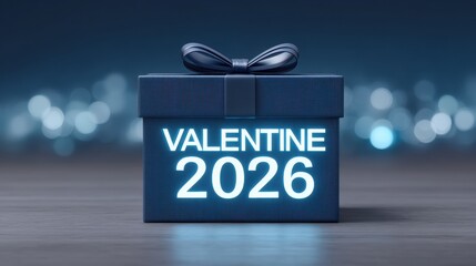 valentine lover 2026 Gift box adorned with a bow, labeled "Valentine 2026," set against a blurred background.