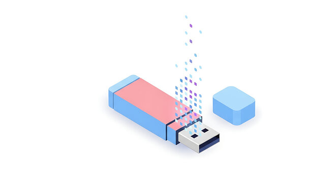 Isometric illustration of a USB flash drive depicting secure digital data transfer and information storage, representing modern technology for data backup and connectivity