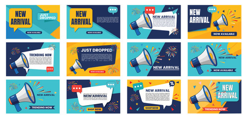 Editable Vector New Arrival Banners Pack – Social Media Ad Templates with Megaphone and Modern Design