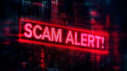 A vivid digital display showing a 'SCAM ALERT!' message in bright red against a dark, abstract background.