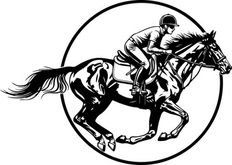 Dynamic jockey rides powerful horse in thrilling race action captured within a bold circular emblem, conveying speed and competitive spirit.