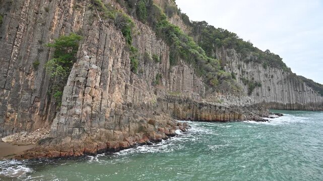Basalt Cliffs and Turquoise Sea &ndash; Coastal Rock Formations with Vertical Columns and Green Vegetation, Natural Geology Landscape, Filyos or G&uuml;zelcehisar Basalt Columns, Scenic Nature 