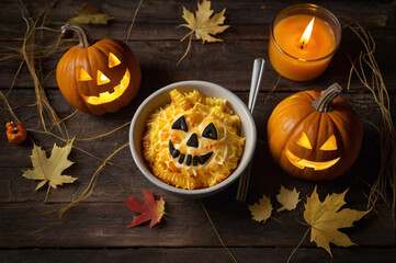 Halloween Scene With Carved Pumpkins, Candle, And Jack- O- Lantern Pasta Dish jackolantern