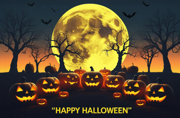 Jack-o-lanterns and spooky trees under a large full moon with bats Halloween pumpkin