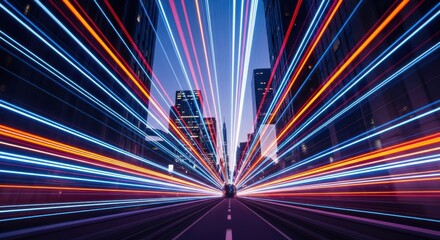Cityscape with blurred light trails converging on a point, dark buildings above