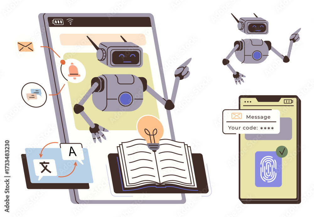 Wall mural ai robot pointing at a large smartphone with a combination of open book, translation app, notificati
