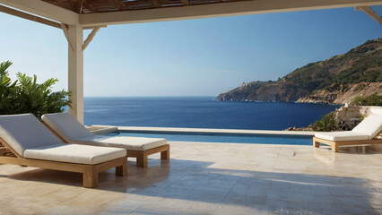 Luxury Villa Terrace with Lounge Chairs and Infinity Pool Overlooking the Ocean and Mountains Keywords: infinity pool, lounge