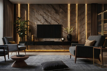 Modern Living Room With Marble Wall, Television, And Armchairs interior luxury
