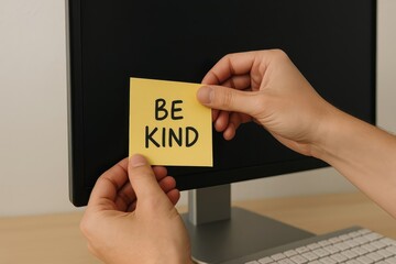 Hands attach a yellow sticky note with "BE KIND" written on it to a dark computer screen. This positive reminder promotes kindness and empathy in the digital workspace.